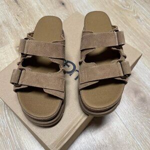 NIB UGG GOLDENSTAR HI SLIDE WATER RESISTANT SUEDE SANDALS SIZE US 8 CHESTNUT